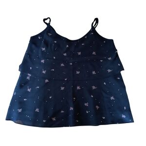 CAbi Two Tiered Navy Ruffle Floral Print Chiffon Sleeveless Camisole Size M